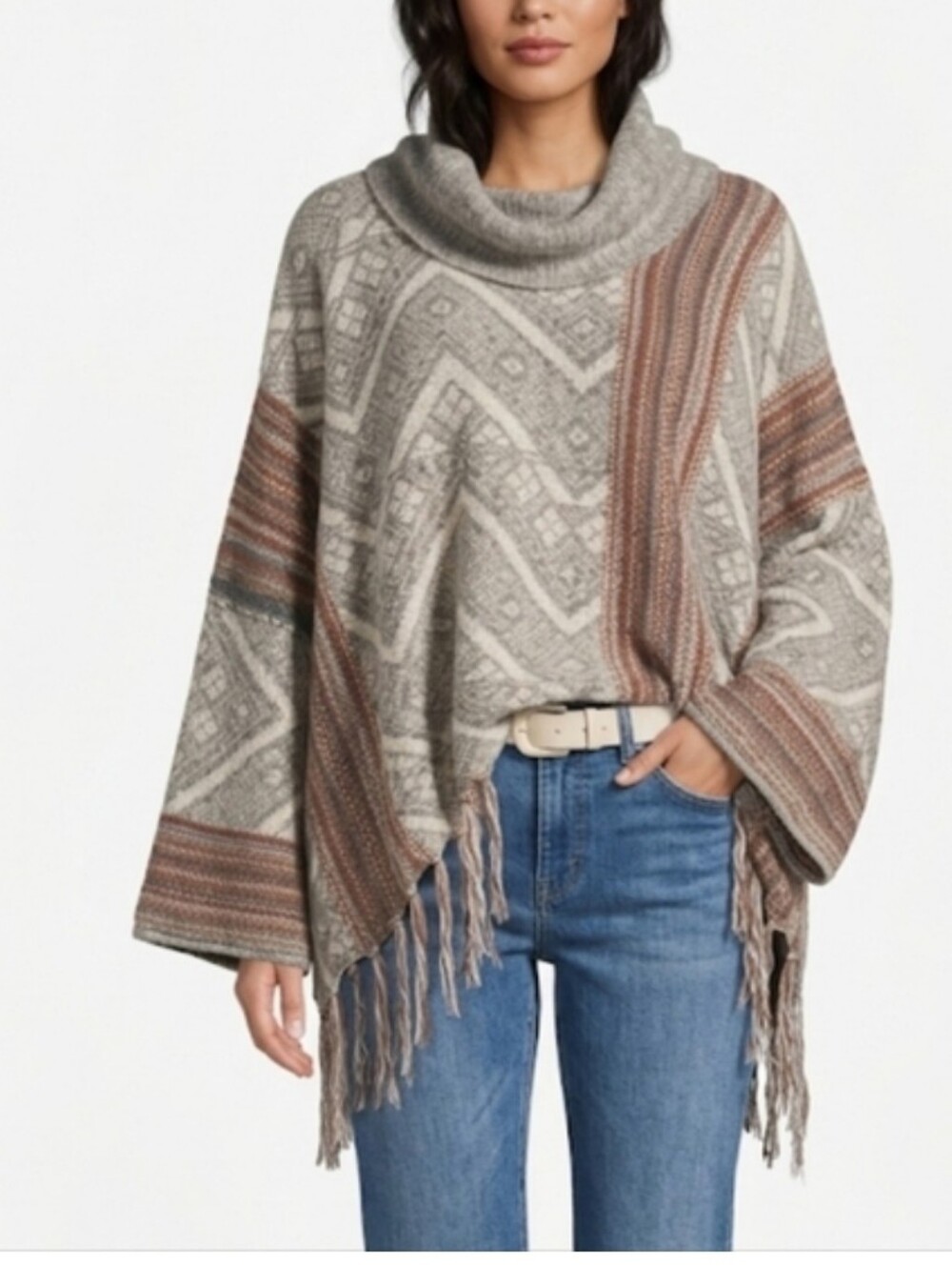 Free People Beige Cream Patterned Cowl-Neck South West Poncho